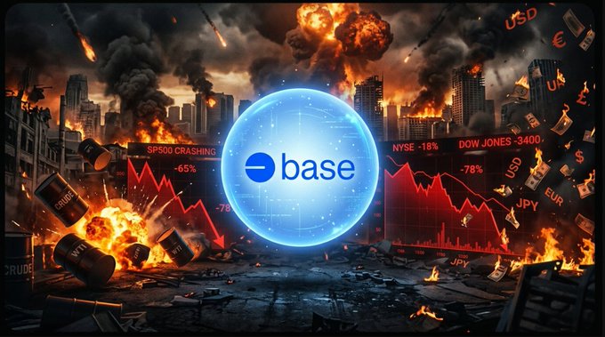 A dramatic illustration of a city in financial ruin with explosions, oil barrels, and a central Coinbase logo surrounded by crashing stock indices.