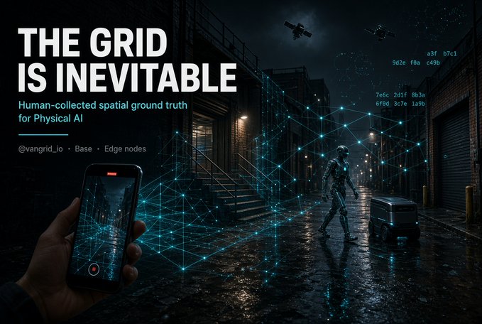 A futuristic promotional graphic with the text 'THE GRID IS INEVITABLE' and 'Human-collected spatial ground truth for Physical AI', showing a hand holding a smartphone displaying a network of nodes, a humanoid robot in an alley, drones overhead, and the handle '@vangrid_io'.
