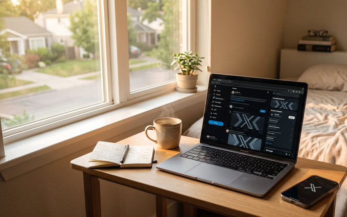 A cozy workspace by a window with a laptop displaying a dark interface, an open notebook, a coffee mug, and a smartphone, with a bed and suburban neighborhood visible outside.