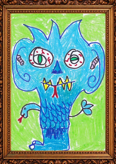 A framed, childlike drawing of a blue, spiky monster with sharp teeth, red eyes, and a red bowtie, set against a green background.