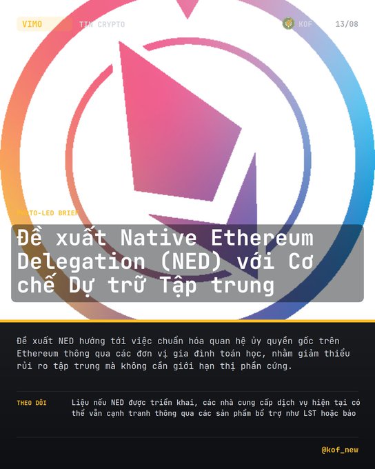 A Vietnamese cryptocurrency newsletter with the headline 'Đề xuất Native Ethereum Delegation (NED) với Cơ chế Dự trữ Tập trung' (Proposal for Native Ethereum Delegation with Centralized Reserve Mechanism), credited to KOF (@kof_new) and dated 13/08.