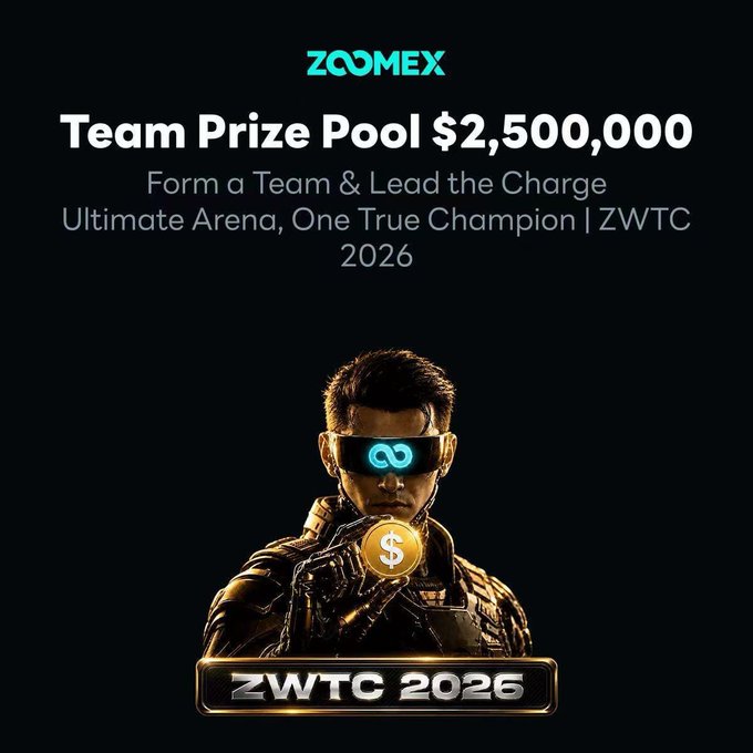 A promotional graphic for ZOOMEX's ZWTC 2026 trading competition featuring a futuristic figure in a metallic jacket with a glowing blue infinity-symbol visor, holding a gold coin. The image displays the text "Team Prize Pool $2,500,000," "Form a Team & Lead the Charge," and "Ultimate Arena, One True Champion | ZWTC 2026," with a "ZWTC 2026" banner at the bottom, visually reinforcing the social media giveaway announcement offering a share of 5,000,000 USDT and a 50 USDT prize for completing three simple entry tasks.