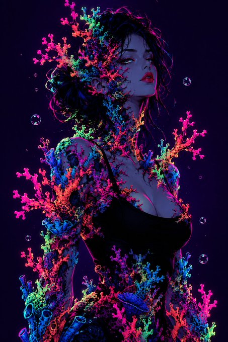 A digital illustration of a woman merging with vibrant, neon-colored coral against a dark background, with bubbles floating around her.