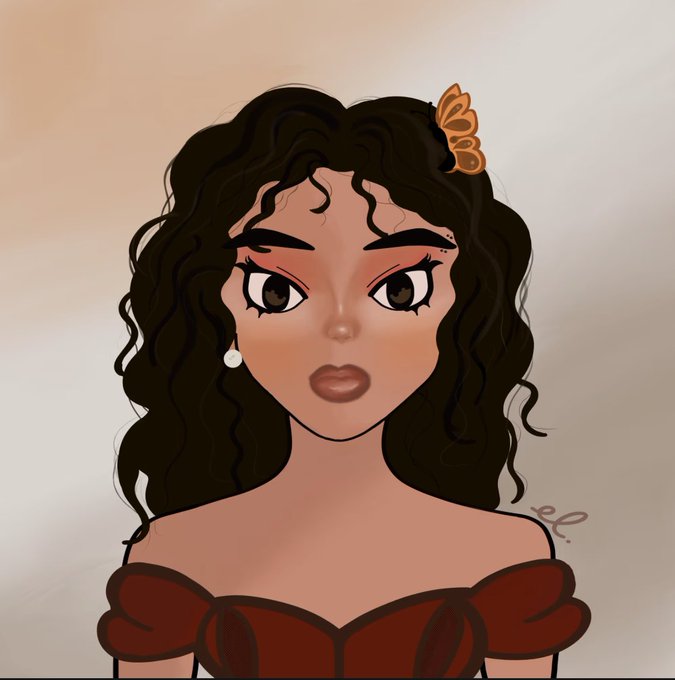 A digital illustration of a young woman with dark curly hair, brown eyes, and a gold butterfly hair accessory, wearing a red off-the-shoulder top.