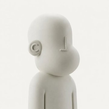 A minimalist white 3D sculpture of a human figure with abstract, geometric facial features, including a swirled ear and angular nose, shown in profile against a white background.