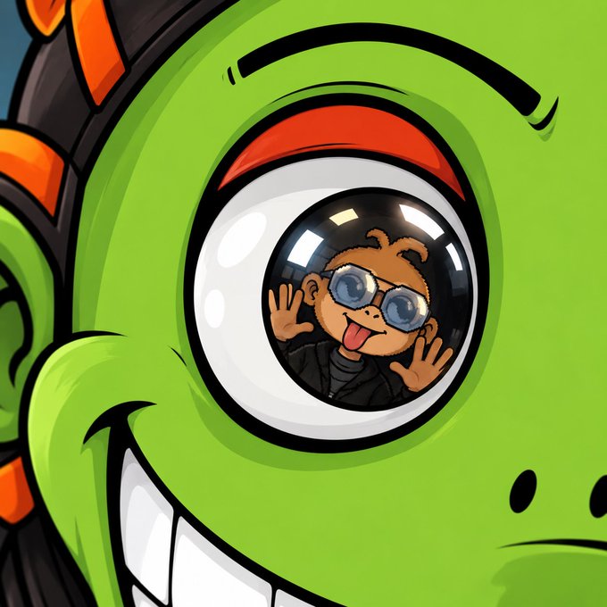 A cartoon-style digital illustration showing a person with sunglasses reflected in the large eye of a green cartoon creature, pressing their hands against the reflection.