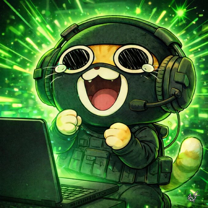 A digital illustration depicts an orange tabby cat wearing a black tactical headset and vest, excitedly raising its paws in front of a laptop against a vibrant green background with radiating light beams.