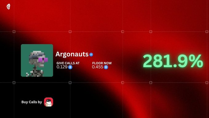 A financial dashboard displaying 'Argonauts' with a 281.9% value, showing 'GIVE CALLS AT 0.129' and 'FLOOR NOW 0.455' over a dark red background.
