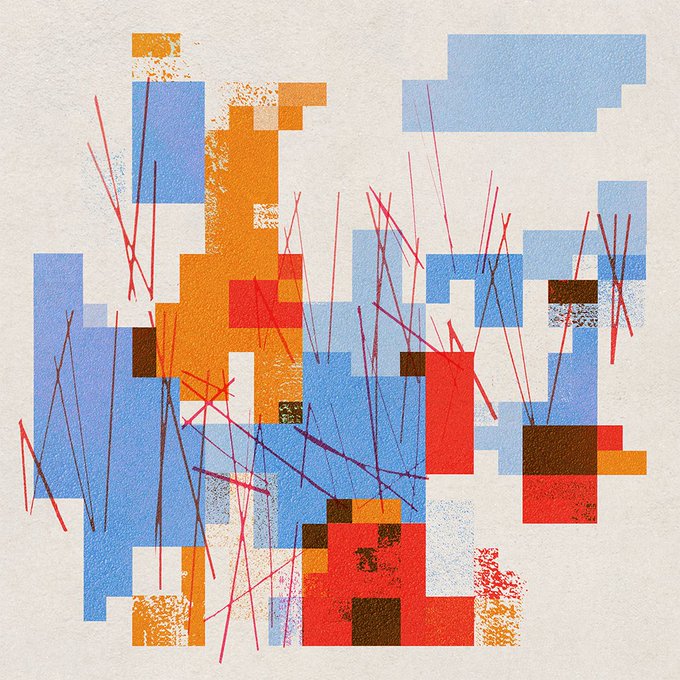 An abstract geometric painting features blocks of blue, orange, red, and brown intersected by thin, sketchy red lines on a textured off-white background.