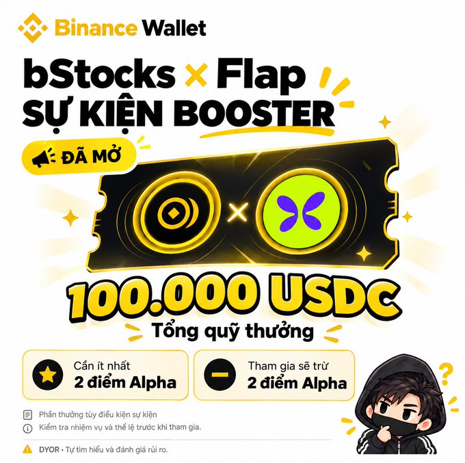 Binance Wallet promotional graphic for 'bStocks x Flap SỰ KIỆN BOOSTER' event featuring a 100,000 USDC prize pool and requirements related to Alpha points.