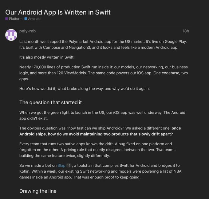 Screenshot of a blog post or forum thread titled "Our Android App Is Written in Swift" by user "poly-rob," discussing how Polymarket shipped an Android app mostly written in Swift using the Skip toolchain.