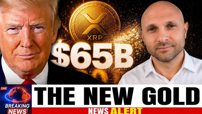 The image features a news headline that reads "BREAKING: The $65B pipeline is about to change crypto forever XRP clarity shock just hit the market New video breakdown youtu.be/yR2fNIemroI". Below this text, there's an image of Donald Trump and a man wearing white with a bald head in front of him. A gold coin with the letters "XRP" is also present on the image. The title of the news post reads "THE NEW GOLD".