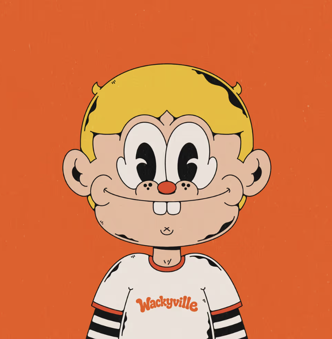 An illustration of a cartoon boy with blond hair, freckles, and two prominent front teeth, wearing a white t-shirt that reads 'Wackyville' against an orange background.