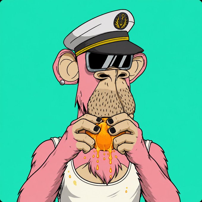 A digital illustration of a pink monkey wearing a captain's hat and sunglasses, squeezing a burger that drips juice onto its white tank top against a teal background.