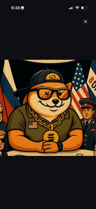 Mobile screenshot showing a cartoon illustration of a Shiba Inu dog wearing sunglasses, a cap, and gold chain with a dollar sign medallion, flanked by figures in military uniforms.