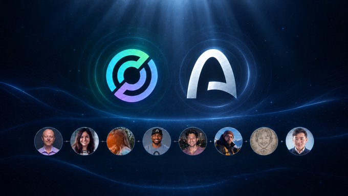 The image features two glowing logos at the top—a colorful circular emblem and a silver "A" symbol—representing the Arc Network launch, with light rays beaming down against a dark blue cosmic background. Below, a row of eight circular profile photos displays the official core team members whose accounts are the only verified sources for authentic network updates, warning viewers to disregard fake announcements circulating online.