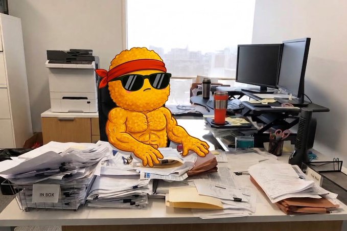 An illustrated muscular chicken wearing a red headband and sunglasses sits at a cluttered office desk with a monitor and a stack of papers labeled "IN BOX."