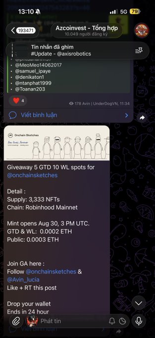 A screenshot of a mobile app displaying an Azcoinvest group chat with updates about an @axirobotics project and a giveaway from Onchain Sketches offering 5 GTD and 10 WL spots for 3,333 NFTs, minting opens Aug 30 at 3 PM UTC with 0.0002 ETH.