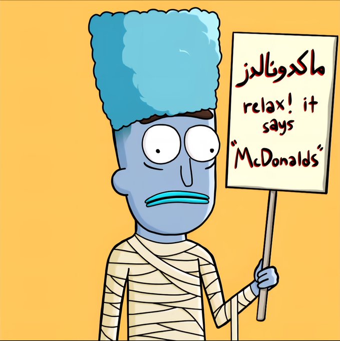 Cartoon illustration of a blue-skinned mummy character with wide eyes and a cyan ushanka hat, holding a sign that reads 'relax! it says McDonald's' alongside Arabic script.