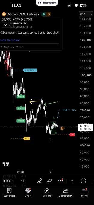 A TradingView chart of Bitcoin CME Futures (1D) shows a significant price drop from around $117,000 to approximately $63,930, with a highlighted "$80,000" gap and bearish technical projections (PRED < R5) suggesting continued downside. The image supports the post's speculation about filling the $80,000 gap, visually confirming the deep bearish structure with key support levels marked at $73,687, $63,053, and a target near $58,960.