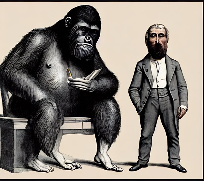 A vintage-style illustration showing a large gorilla sitting on a wooden bench and writing in a notebook with a pencil, next to a bearded man in a gray suit standing with his hands in his pockets.