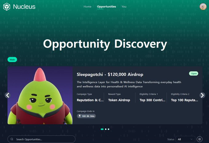 A screenshot of the Nucleus platform's Opportunity Discovery page featuring a 'Sleepagotchi - $120,000 Airdrop' campaign for a Health & Wellness AI Intelligence Layer.