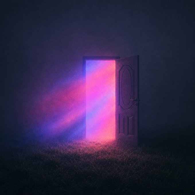 A surreal image of an open door in a dark, misty field emitting a glowing pink and purple light into the night.