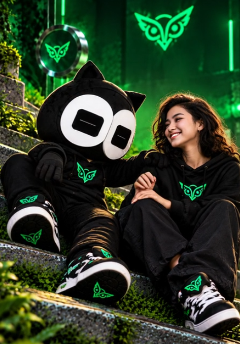 A person in a black cat mascot costume sits next to a smiling woman wearing matching black hoodies on outdoor steps, with green owl logos visible on their clothing.