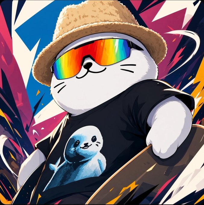A cartoon seal character wearing a straw bucket hat and rainbow-tinted sunglasses poses against a colorful explosive background, modeling a black heavyweight t-shirt featuring a small seal graphic print on the chest, matching the vintage retro-inspired "sappy seals" limited edition apparel described.