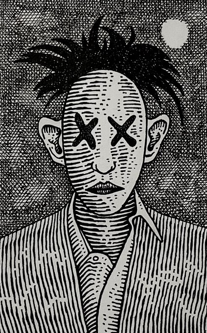 A black and white illustration of a man with X's for eyes and messy hair, drawn with heavy crosshatching lines.