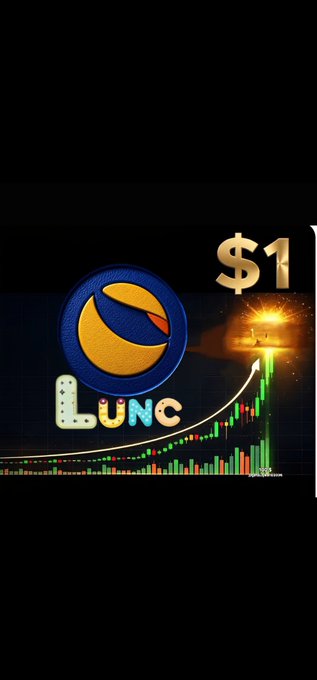A graphic showing the LUNC cryptocurrency logo alongside a '$1' target and a rising green candlestick chart.