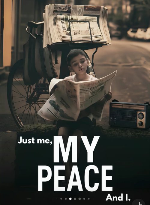 A black-and-white style image of a young boy sitting next to a bicycle loaded with newspapers, reading one himself, with a vintage radio nearby, captioned "Just me, MY PEACE And I."