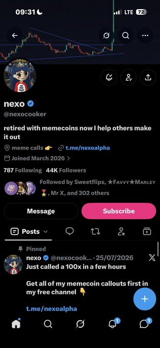 A screenshot of an X (formerly Twitter) profile for 'nexo' (@nexocooker), a verified account with 44K followers, showing a pinned post about a '100x' memecoin callout.