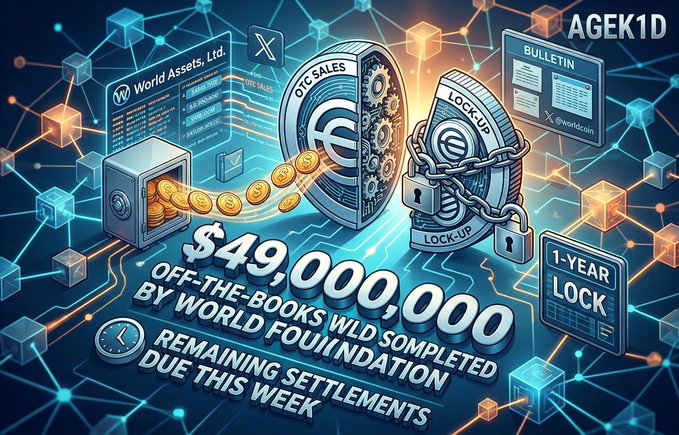 A promotional graphic for 'World Assets, Ltd.' (AGEK1D) featuring a safe, coins, locked-up tokens, and a bulletin, with text reading '$49,000 OFF-THE-BOOKS WLD COMPLETED BY WORLD FOUNDATION REMAINING SETTLEMENTS DUE THIS WEEK' and '1-YEAR LOCK'.
