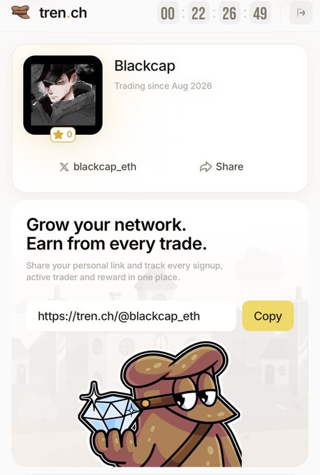 A screenshot of the tren.ch profile page for user "Blackcap" (blackcap_eth), trading since Aug 2026, displaying their referral link and a promotional graphic encouraging users to grow their network and earn Stars from trades, tying into the post's announcement of tren.ch launching on Solana with Stars as its official currency.