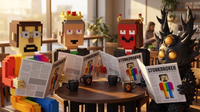 Four voxel-style characters, including one wearing a crown and another a red demon mask, gather around a café table reading newspapers branded "STONKBROKER," with coffee mugs and a dark horned creature holding the latest issue—visually reinforcing the post's excitement about the upcoming Stonkbroker AMM Launchpad launching Tuesday.