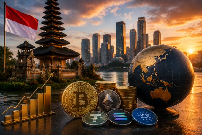 A promotional image featuring the Indonesian flag, a traditional Balinese temple, and a city skyline at sunset, with cryptocurrency coins (Bitcoin, Ethereum, Tether, Solana, Cardano) and a globe in the foreground alongside a growth chart.
