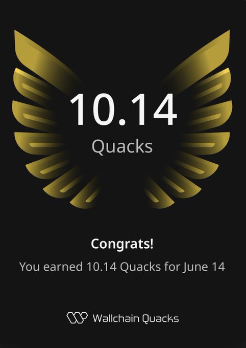 The image shows a poster with an earing of gold and yellow colors, featuring a large golden eagle or wing design, along with a number 10.14 written across it. The poster also contains text that congratulates someone for earning 10.14 Quacks on June 14.