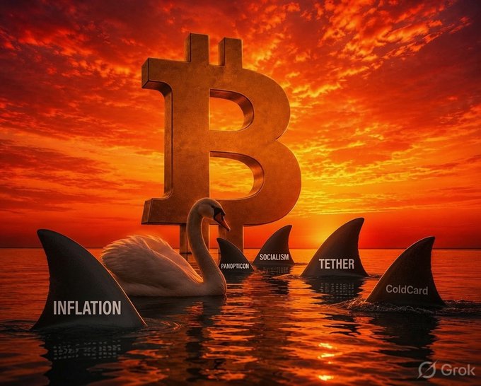 A surreal image of a Bitcoin symbol against an orange sunset, surrounded in water by shark fins labeled with threats like 'INFLATION', 'PANOPTICON', 'SOCIALISM', 'TETHER', 'ColdCard', with a 'Grok' watermark.