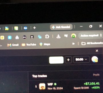 A blurry screenshot of a computer screen showing a browser window with bookmarks for Gmail, YouTube, and Maps, and a webpage displaying crypto trading info including 'WIF', 'Nov 19, 2024', and a profit of '+$7,101.41'.