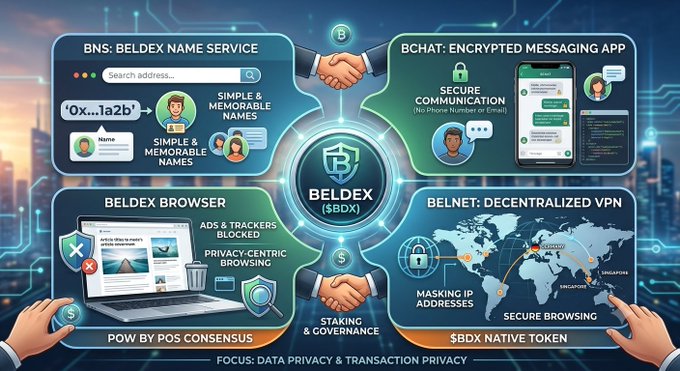 An infographic showcasing the Beldex ($BDX) ecosystem, including BNS (Beldex Name Service), bChat (encrypted messaging app), Beldex Browser (ads/tracker blocked), and BelNet (decentralized VPN), focusing on data and transaction privacy with PoW by PoS consensus.
