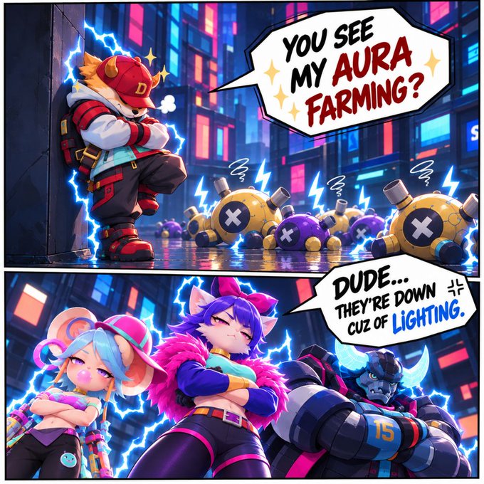 A two-panel comic illustration: in the top panel, an anthropomorphic fox character in red gear asks 'YOU SEE MY AURA FARMING?' while leaning against a wall surrounded by defeated electric orbs; in the bottom panel, three characters respond 'DUDE... THEY'RE DOWN CUZ OF LIGHTING.'