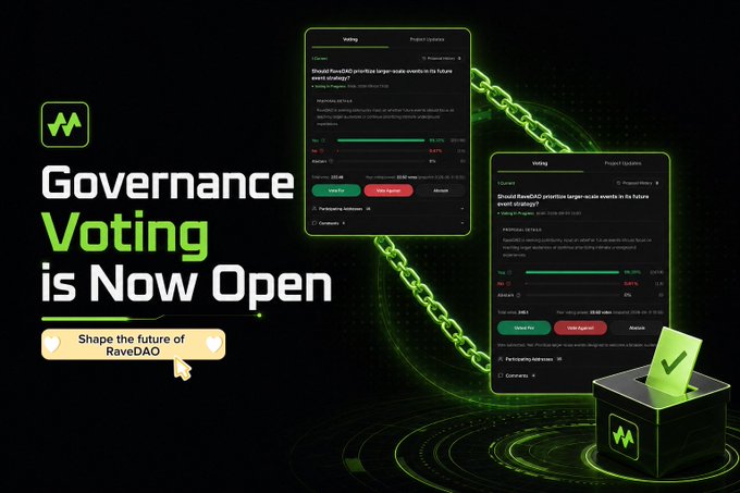A sleek green and black promotional graphic announces that "Governance Voting is Now Open" for RaveDAO, featuring illustrations of voting interface screenshots and a ballot box with the question "Should RaveDAO prioritize larger-scale events in its future event strategy?" alongside a "Shape the future of RaveDAO" call-to-action button.