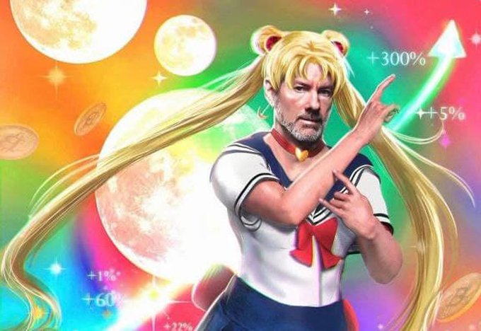 A digitally edited image showing a man in a Sailor Moon-style outfit with blonde pigtails and cat ears, posed against a colorful background with moons, coins, and financial percentage indicators like +300% and +60%.