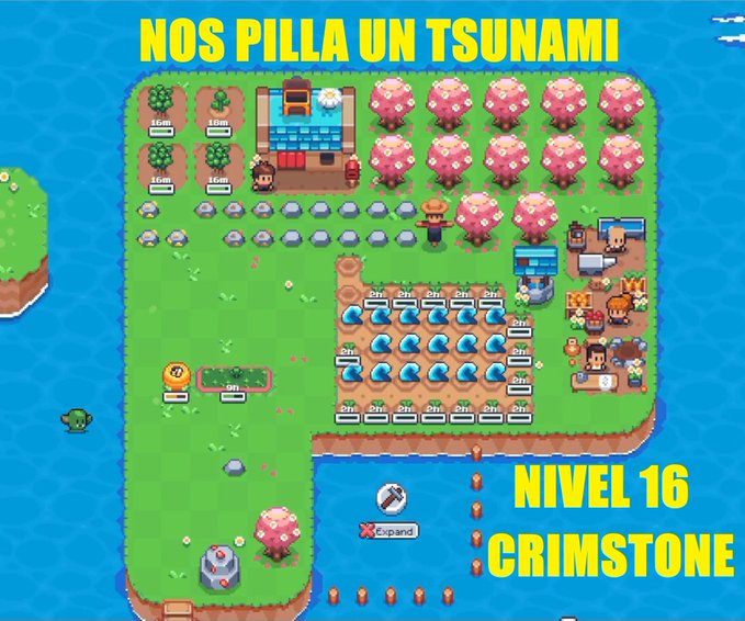 A pixel-art strategy game screenshot titled 'NOS PILLA UN TSUNAMI – NIVEL 16 CRIMSTONE,' showing a green island with cherry blossom trees, a character, and a 2-minute timer grid layout.