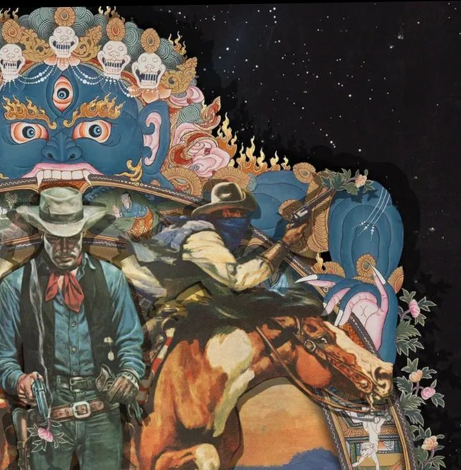 An artistic illustration combining Western cowboys on horseback with a large blue multi-eyed wrathful deity face from Tibetan Buddhist iconography set against a starry night background.