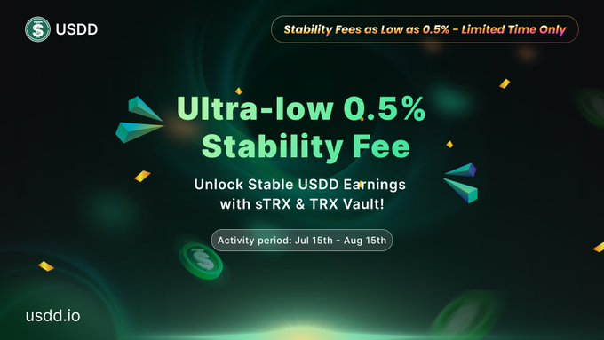 A promotional graphic for USDD announcing an ultra-low 0.5% stability fee on sTRX & TRX Vault to unlock stable USDD earnings, with the activity running from July 15th to August 15th at usdd.io. The image highlights TRON's ecosystem growth through a limited-time fee reduction campaign that complements Binance Wallet collaborations by making stablecoin earning opportunities more accessible and cost-effective for users.