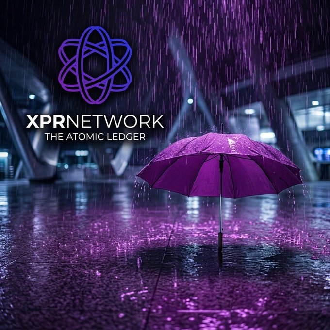 A promotional image for "XPRNETWORK" subtitled "THE ATOMIC LEDGER," showing a purple umbrella in the rain against a dark background with the network's atom-like purple logo.