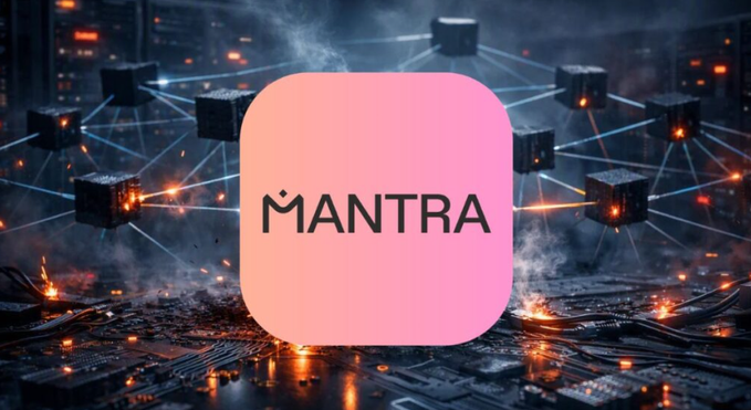 A digital graphic displaying a pink app icon with the word 'MANTRA' in bold black letters, set against a dark futuristic background of interconnected glowing cubes and circuitry.