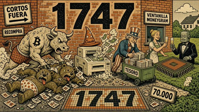An illustrated scene showing a chaotic scene with the number '1747' prominently displayed, along with bull imagery, money, and figures including Uncle Sam and a robot, with signs reading 'CORTOS FUERA', 'RECOMPRA', 'VENTANILLA MONEYGRAM', and 'TESORO'.